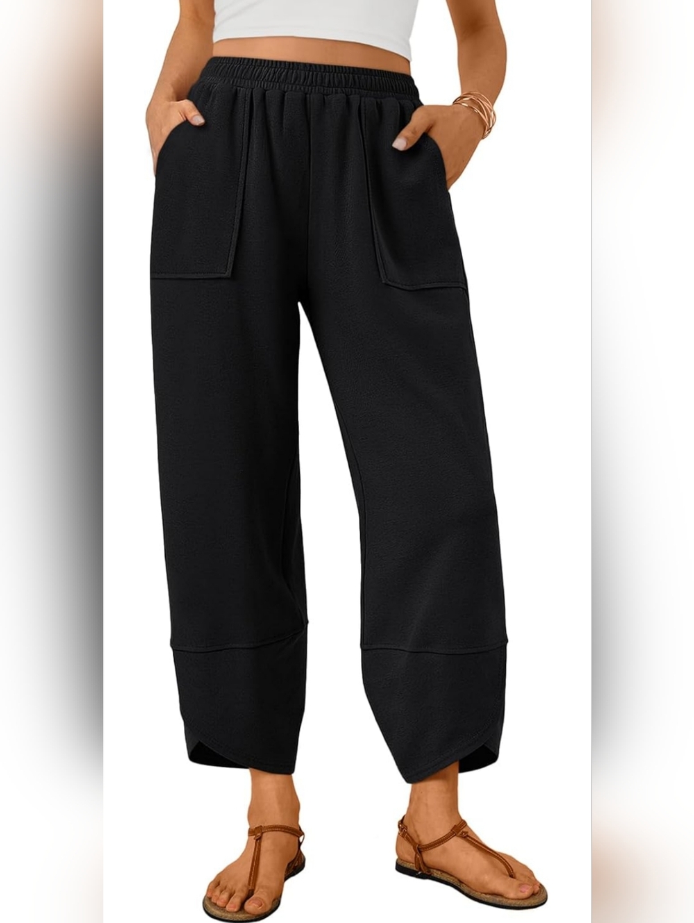 Women's Black Elastic-Waist Pocket Pants